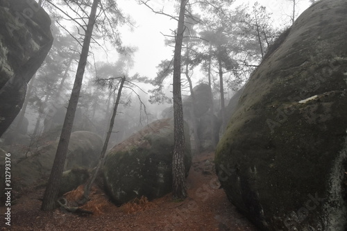 Stone in the Bohemian paradise in winter, Besedicke skaly, Mala skala, Czech republic photo