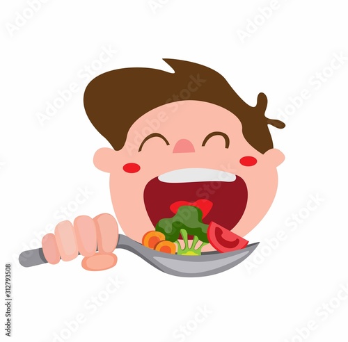happy kids eat vegetable, boy holding spoon with carrot, broccoli and tomato. symbol, icon, logo in cartoon flat illustration vector