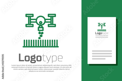 Green line Smart farm with drone control for seed planting icon isolated on white background. Innovation technology for agricultural company. Logo design template element. Vector Illustration