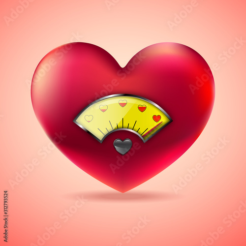 Red heart with fuel gauge, Love heart indicator, Measuring love icon, Vector Illustration 