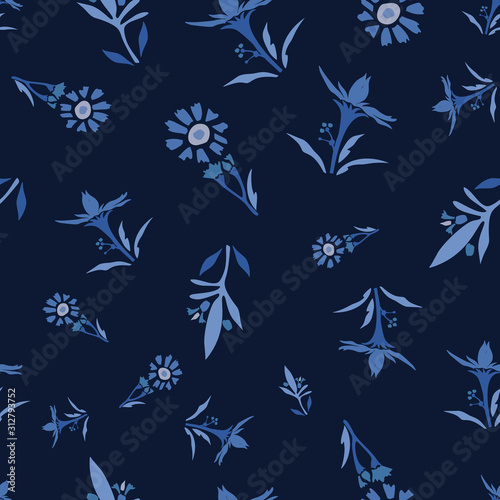 Indigo blue dyed floral vector seamless pattern. Hand drawn Japanese daisy flower style kimono fabric background. Trendy monochrome masculine decorative shirting all over print. Navy blu fashion.