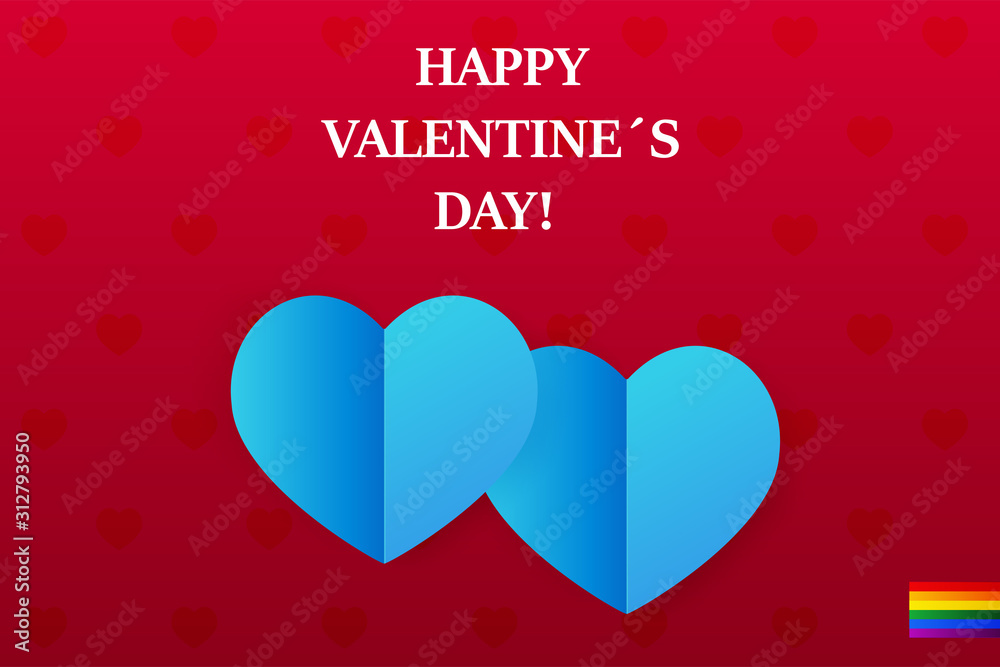 3d vector saint valentine s day gay blue heart on red background. Poster and card