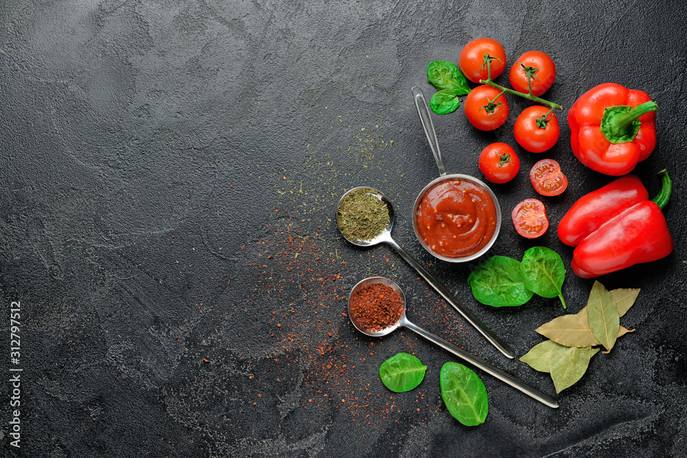 Composition with tasty barbecue sauce on table Composition with tasty barbecue sauce on table
