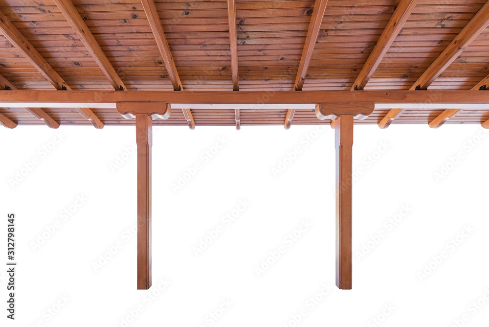Wooden porch roof from underside isolated on white background