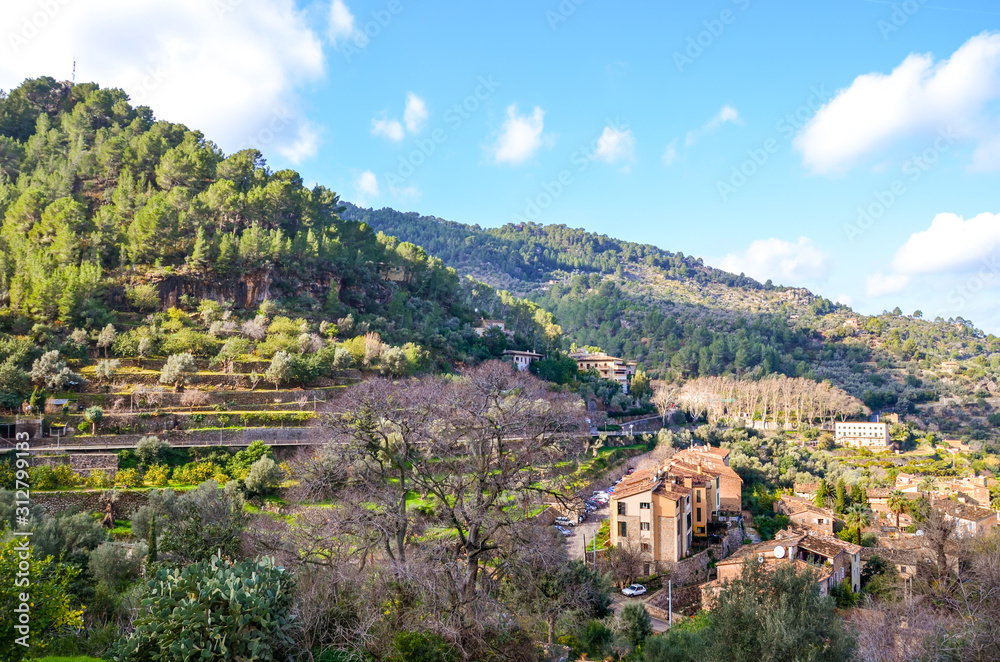 Houses on the green hill in the coastal village Deia in Mallorca, Spain. Traditional buildings in terraces on the slope surrounded by green trees. Spanish tourist destination