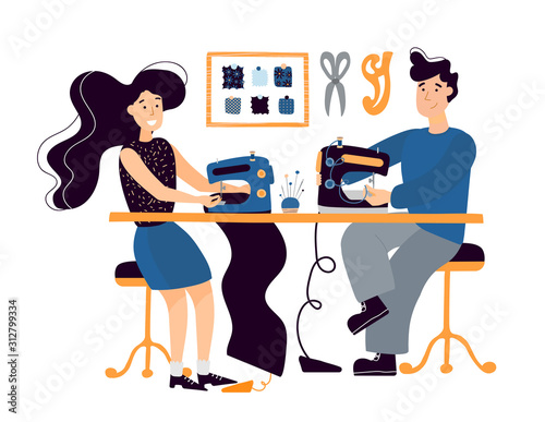 Сheerful girl and a beautiful brunette guy sew together on a sewing machine, create designer clothes with their own hands. Illustration for sewing courses, learning site, poster with master classes. 