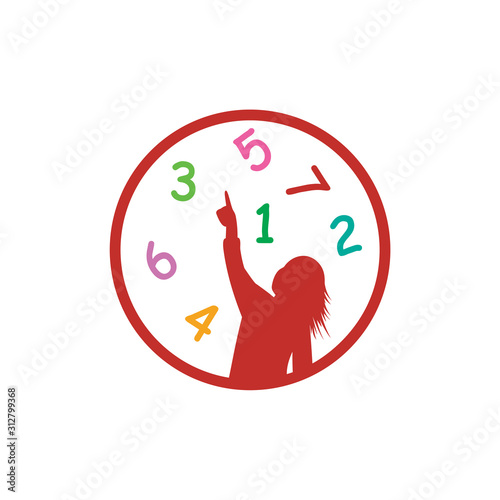 Illustration of drawing of a girl showing numerical symbols, illustration for numeracy textbooks, learning numbers and mathematics