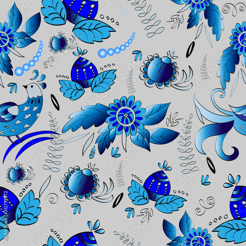 Vector floral seamless pattern in russian style with birds