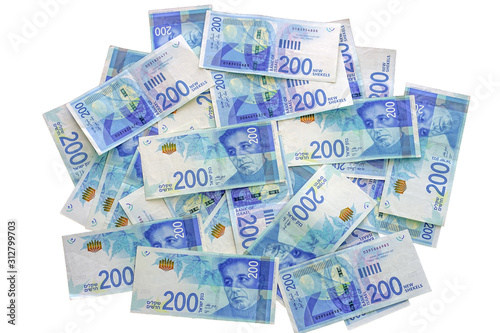 Photos Israeli money stack of the new Israeli money bills (banknotes) of 200 shekel isolated on a white background
