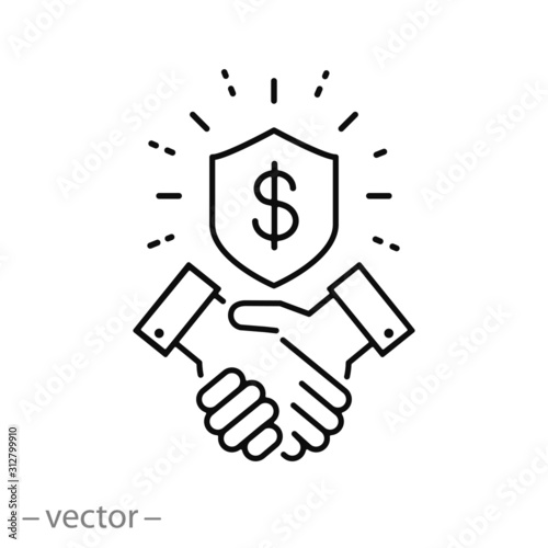 trust partnership in business icon, safe deal, handshake with shield, thin line web symbol on white background - editable stroke vector illustration eps10