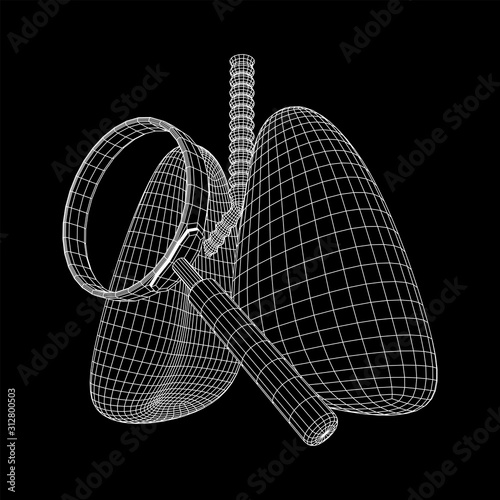 Lungs with trachea bronchi internal organ human with magnifying glass. Pulmonology medicine science analysis concept. Wireframe low poly mesh vector illustration