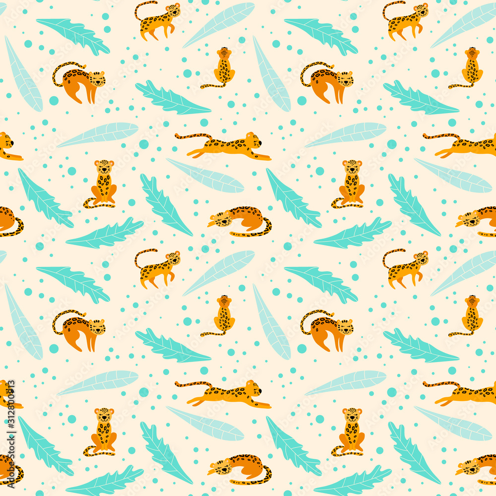 Obraz premium Seamless pattern with cute cartoon leopards and floral elements. Flat vector illustration.