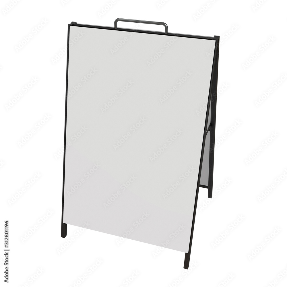 Sandwich board with metal parts. Blank menu outdoor display with clipping path. Trade show booth white and blank. 3d render isolated on white background. High Resolution Template for your design. Sandwich board with metal parts. Blank menu outdoor display with clipping path. Trade show booth white and blank. 3d render isolated on white background. High Resolution Template for your design.