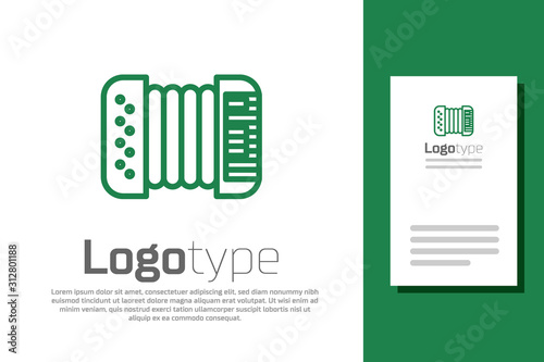 Green line Musical instrument accordion icon isolated on white background. Classical bayan, harmonic. Logo design template element. Vector Illustration