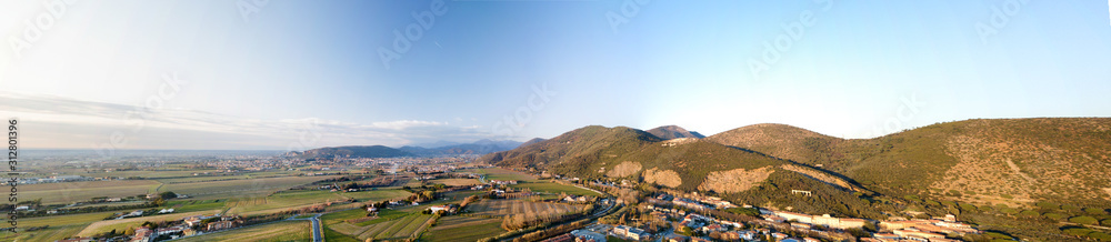 Panoramic aerial view of the hills in Tuscany