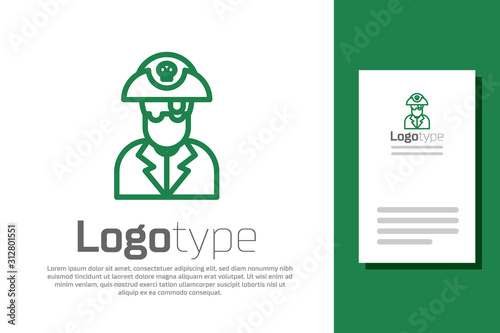 Green line Pirate captain icon isolated on white background. Logo design template element. Vector Illustration