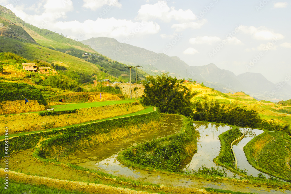 Fototapeta premium Scenic view of Y Linh Ho valley with rice terraces surrounded with mountains by Sapa, Vietnam
