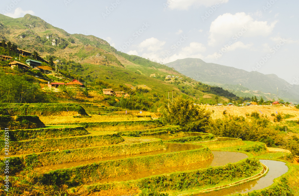  Scenic view of Y Linh Ho valley with rice terraces surrounded with mountains by Sapa, Vietnam 