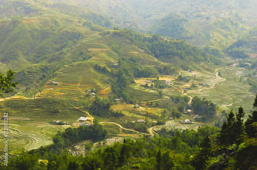Panoramic view of Muong Hua valley with rice terraces by Sapa, Vietnam
