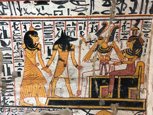 Colourful wall drawings in workers tombs in Luxor in Egypt