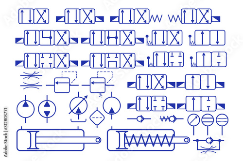 Vector set of hydraulic elements symbols for constructing hydraulic schemes. Valves, throttles, pumps, motors, measuring, safety valve, check valves.