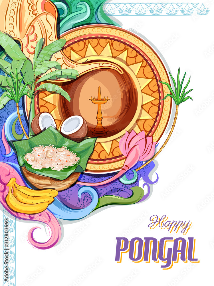 Obraz premium illustration of Happy Pongal Holiday Harvest Festival of Tamil Nadu South India greeting background