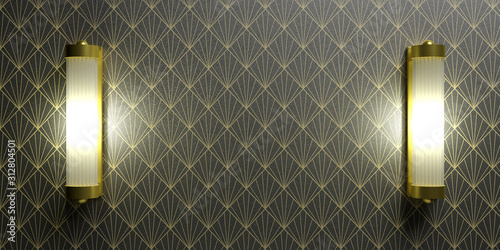 Fototapeta Naklejka Na Ścianę i Meble -  Wall lamps golden color on wall, wallpaper black color. Art Deco style background. 3d illustration