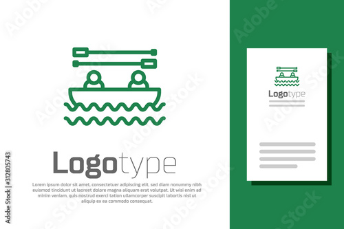 Green line Boat with oars and people icon isolated on white background. Water sports, extreme sports, holiday, vacation, team building. Logo design template element. Vector Illustration