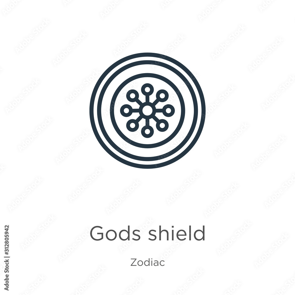 Gods shield icon. Thin linear gods shield outline icon isolated on white background from zodiac collection. Line vector sign, symbol for web and mobile Gods shield icon. Thin linear gods shield outline icon isolated on white background from zodiac collection. Line vector sign, symbol for web and mobile
