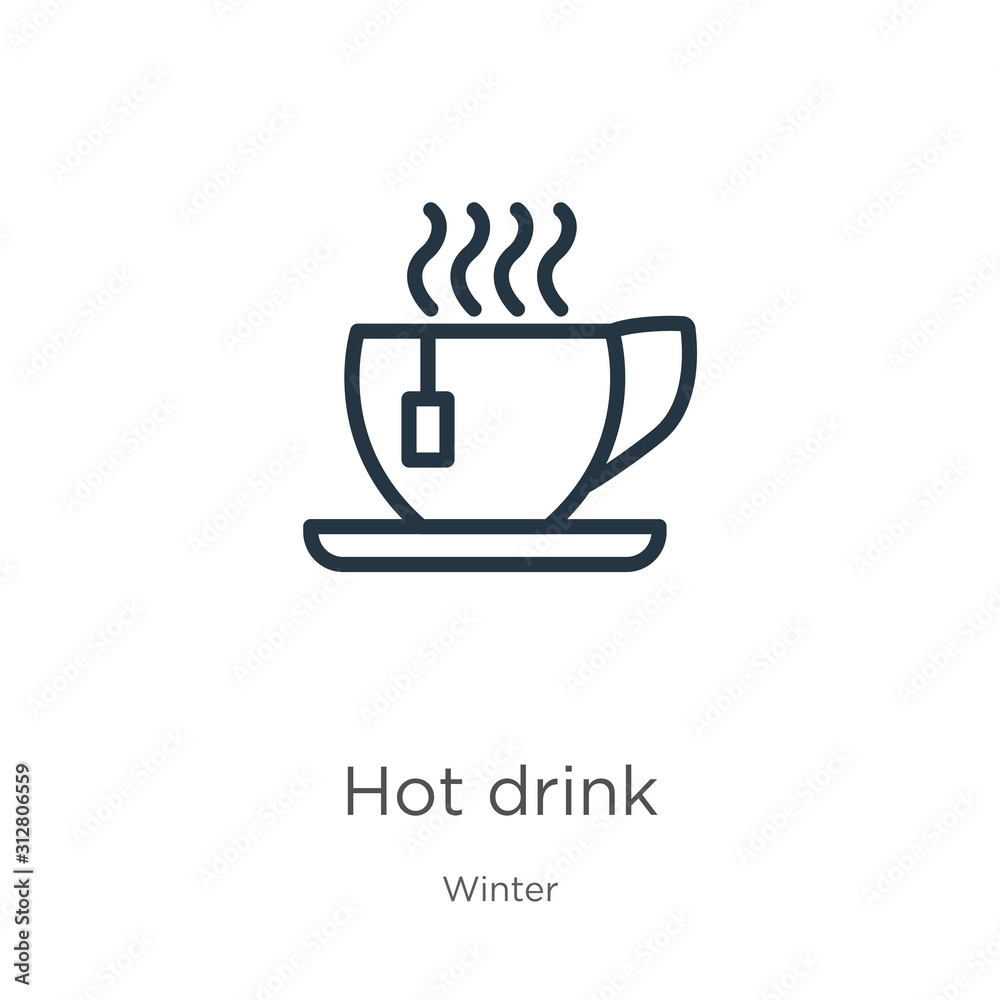 Hot drink icon. Thin linear hot drink outline icon isolated on white background from winter collection. Line vector sign, symbol for web and mobile Hot drink icon. Thin linear hot drink outline icon isolated on white background from winter collection. Line vector sign, symbol for web and mobile