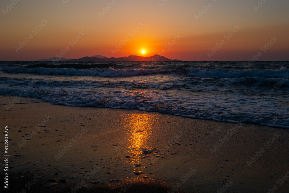 Sunset on coastline of Kos Island in Greece
