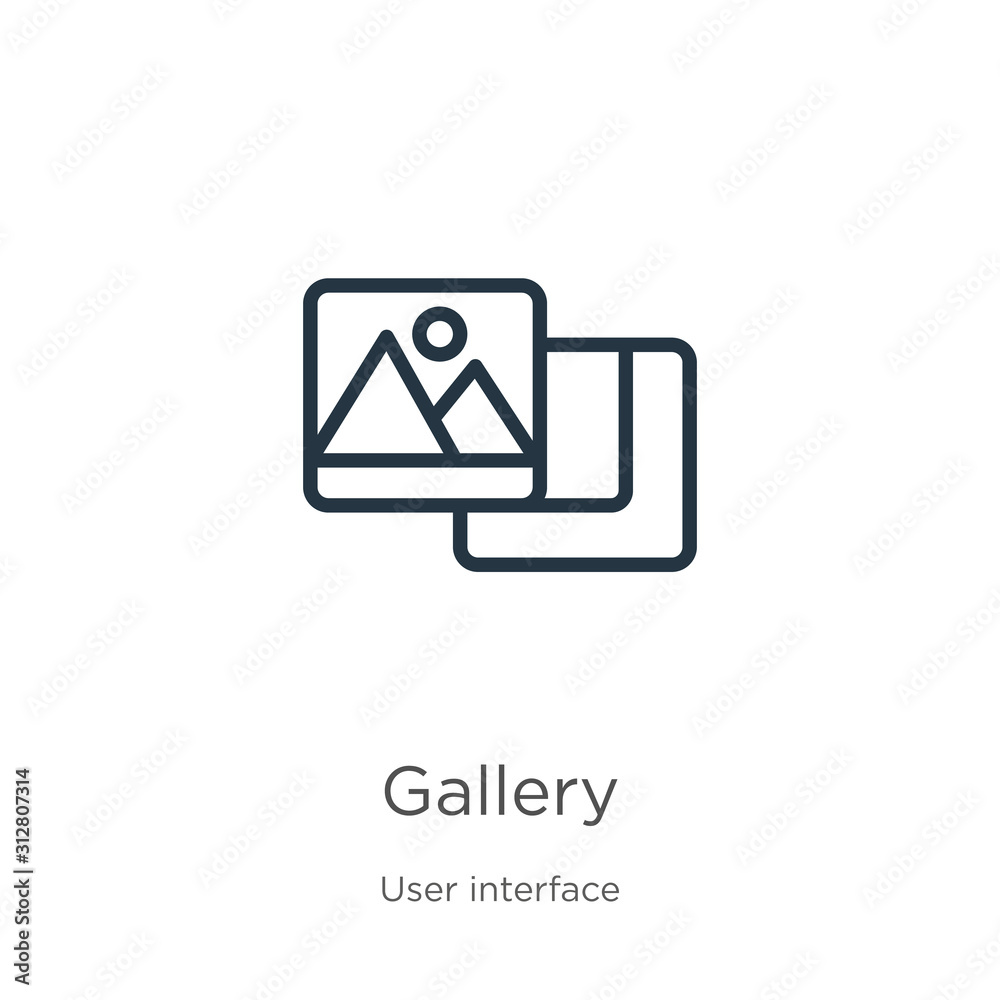Gallery icon. Thin linear gallery outline icon isolated on white background from user interface collection. Line vector sign, symbol for web and mobile Gallery icon. Thin linear gallery outline icon isolated on white background from user interface collection. Line vector sign, symbol for web and mobile