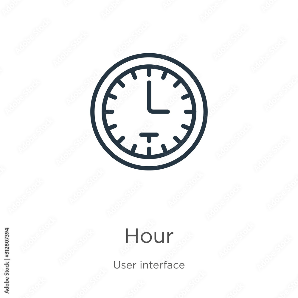 Hour icon. Thin linear hour outline icon isolated on white background from user interface collection. Line vector sign, symbol for web and mobile Hour icon. Thin linear hour outline icon isolated on white background from user interface collection. Line vector sign, symbol for web and mobile