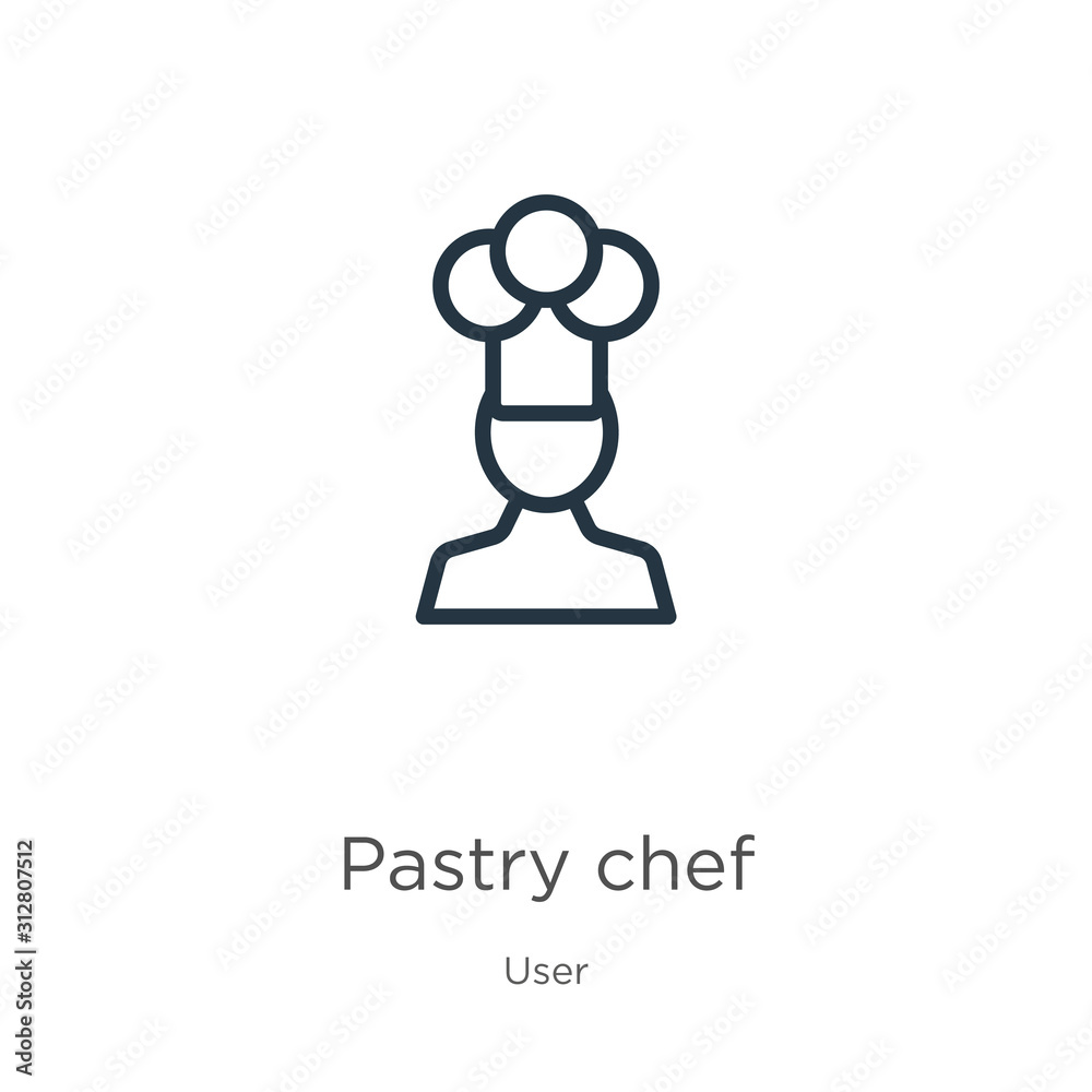 Pastry chef icon. Thin linear pastry chef outline icon isolated on white background from user collection. Line vector sign, symbol for web and mobile Pastry chef icon. Thin linear pastry chef outline icon isolated on white background from user collection. Line vector sign, symbol for web and mobile