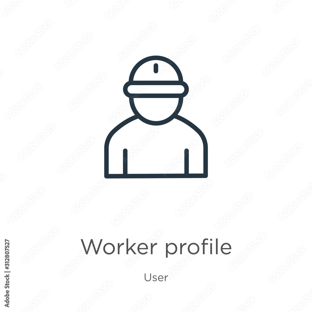 Worker profile icon. Thin linear worker profile outline icon isolated on white background from user collection. Line vector sign, symbol for web and mobile Worker profile icon. Thin linear worker profile outline icon isolated on white background from user collection. Line vector sign, symbol for web and mobile
