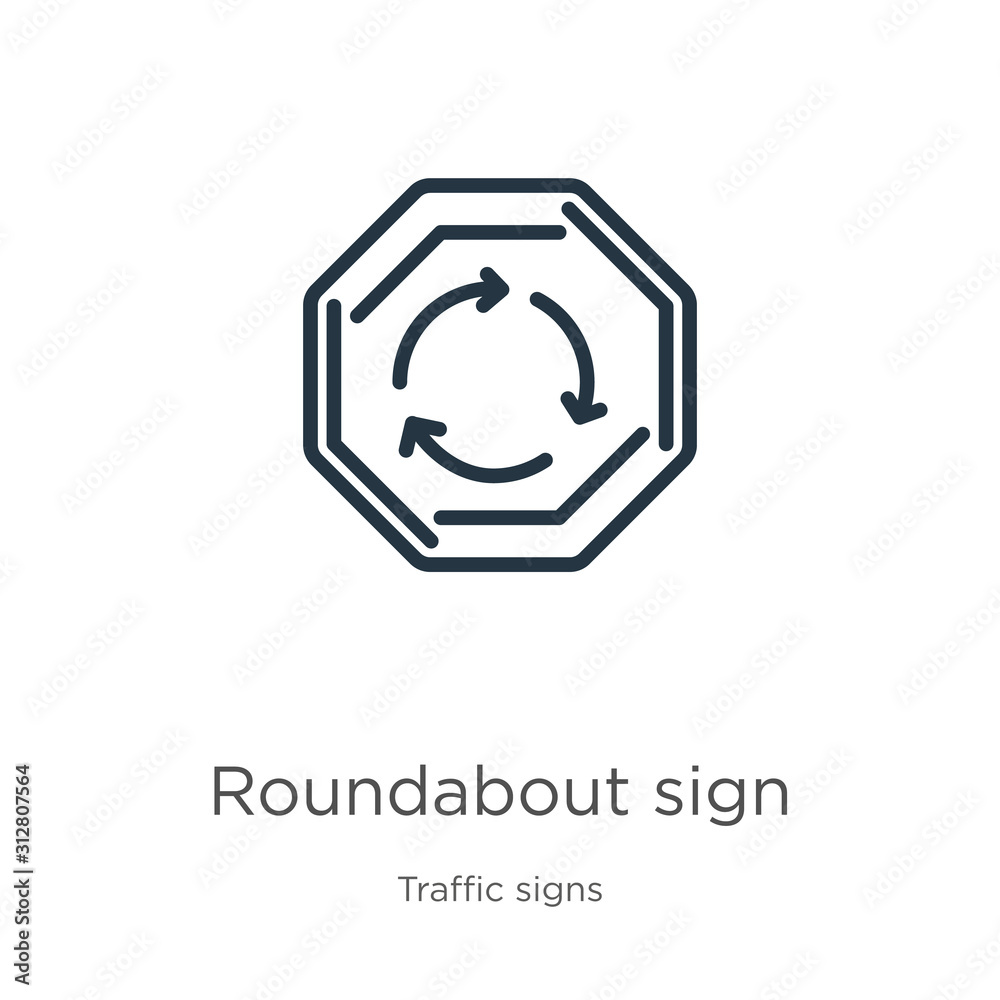 Roundabout sign icon. Thin linear roundabout sign outline icon isolated on white background from traffic signs collection. Line vector sign, symbol for web and mobile Roundabout sign icon. Thin linear roundabout sign outline icon isolated on white background from traffic signs collection. Line vector sign, symbol for web and mobile