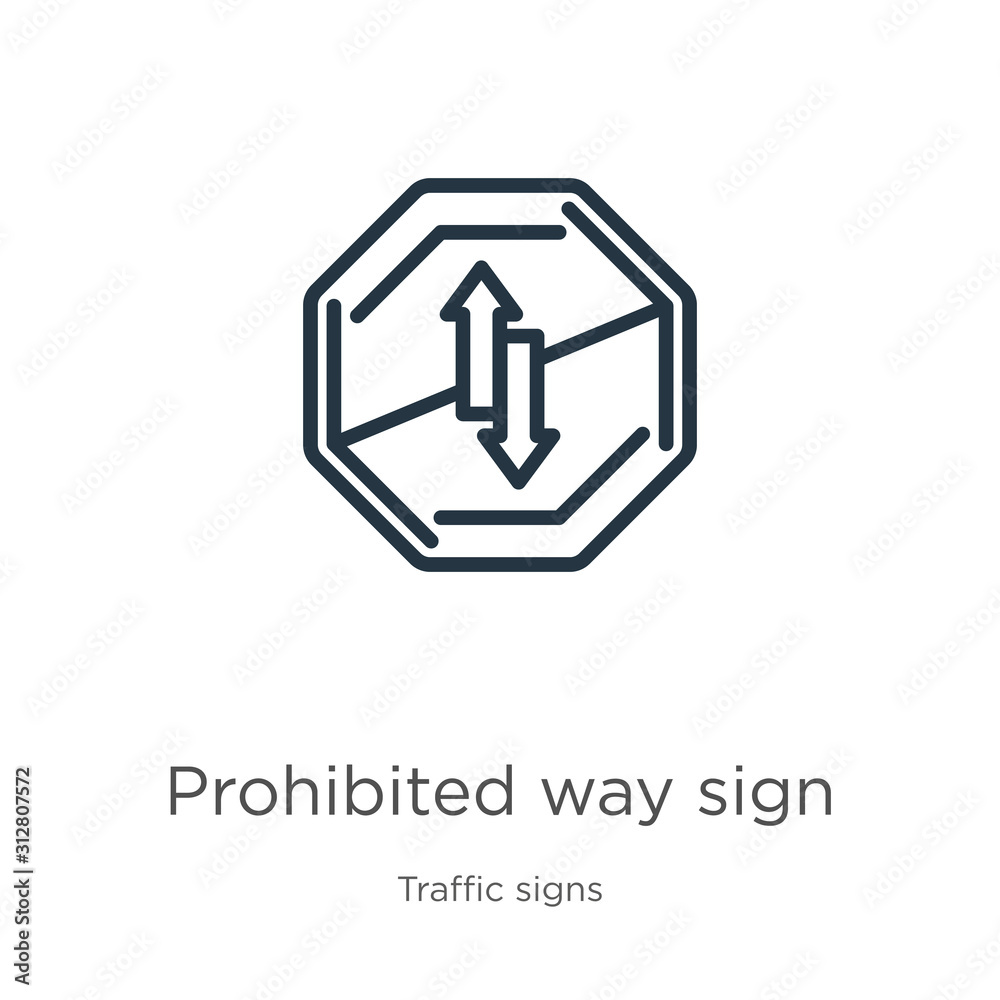 Prohibited way sign icon. Thin linear prohibited way sign outline icon isolated on white background from traffic signs collection. Line vector sign, symbol for web and mobile Prohibited way sign icon. Thin linear prohibited way sign outline icon isolated on white background from traffic signs collection. Line vector sign, symbol for web and mobile