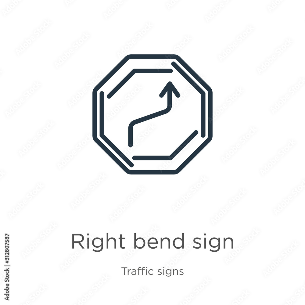 Right bend sign icon. Thin linear right bend sign outline icon isolated on white background from traffic signs collection. Line vector sign, symbol for web and mobile Right bend sign icon. Thin linear right bend sign outline icon isolated on white background from traffic signs collection. Line vector sign, symbol for web and mobile