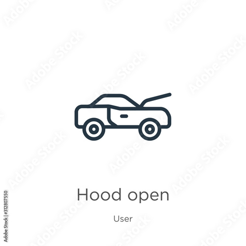 Hood open icon. Thin linear hood open outline icon isolated on white background from user collection. Line vector sign  symbol for web and mobile