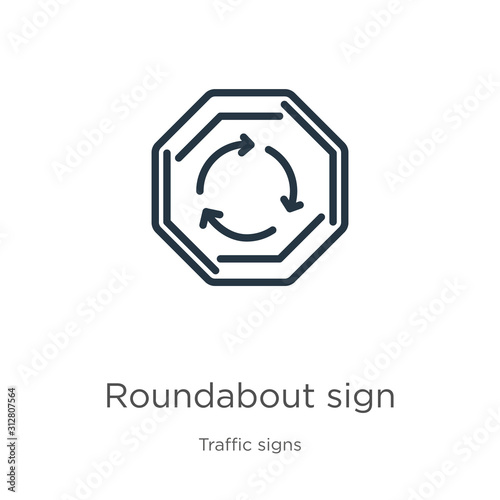 Roundabout sign icon. Thin linear roundabout sign outline icon isolated on white background from traffic signs collection. Line vector sign, symbol for web and mobile