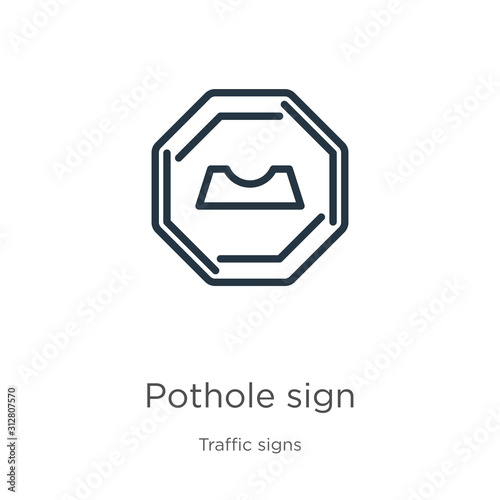Pothole sign icon. Thin linear pothole sign outline icon isolated on white background from traffic signs collection. Line vector sign, symbol for web and mobile