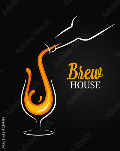 Beer bottle with glass. Beer splash logo on black