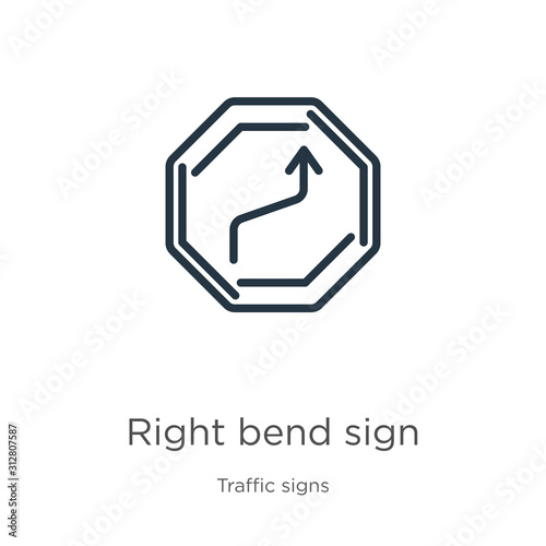 Right bend sign icon. Thin linear right bend sign outline icon isolated on white background from traffic signs collection. Line vector sign, symbol for web and mobile