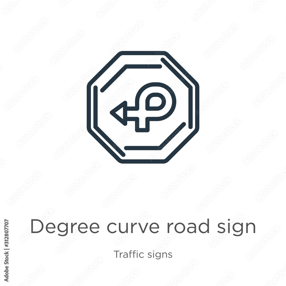 Degree curve road sign icon. Thin linear degree curve road sign outline icon isolated on white background from traffic signs collection. Line vector sign, symbol for web and mobile Degree curve road sign icon. Thin linear degree curve road sign outline icon isolated on white background from traffic signs collection. Line vector sign, symbol for web and mobile