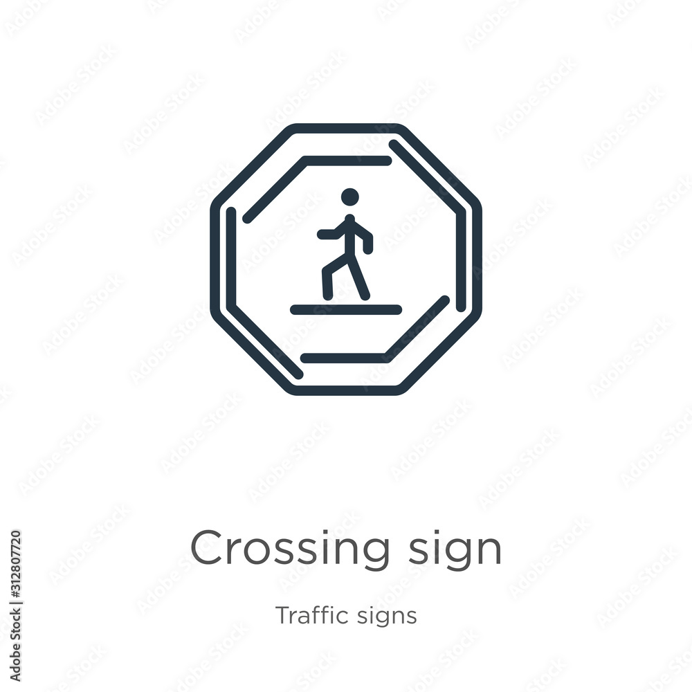 Crossing sign icon. Thin linear crossing sign outline icon isolated on white background from traffic signs collection. Line vector sign, symbol for web and mobile Crossing sign icon. Thin linear crossing sign outline icon isolated on white background from traffic signs collection. Line vector sign, symbol for web and mobile