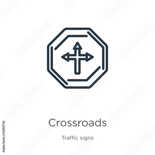 Crossroads icon. Thin linear crossroads outline icon isolated on white background from traffic signs collection. Line vector sign, symbol for web and mobile