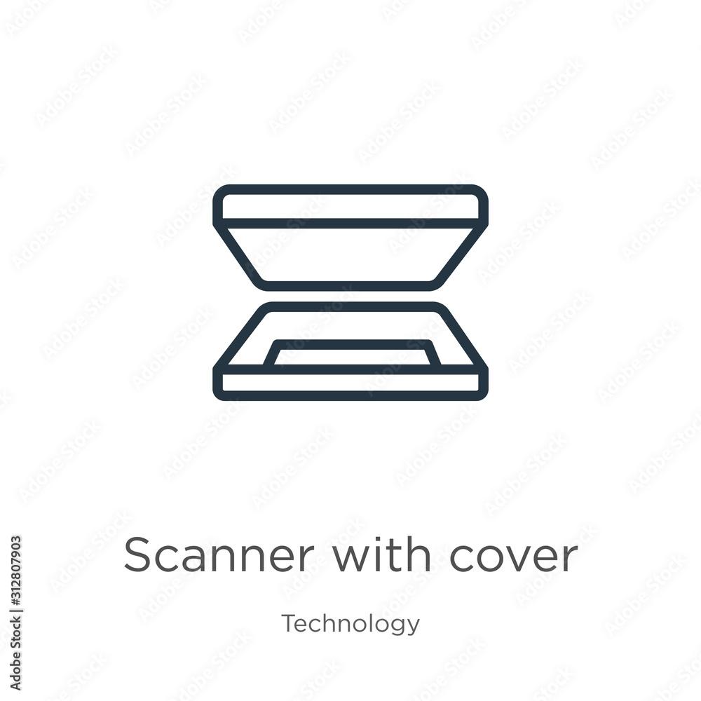 Scanner with cover icon. Thin linear scanner with cover outline icon isolated on white background from technology collection. Line vector sign, symbol for web and mobile Scanner with cover icon. Thin linear scanner with cover outline icon isolated on white background from technology collection. Line vector sign, symbol for web and mobile