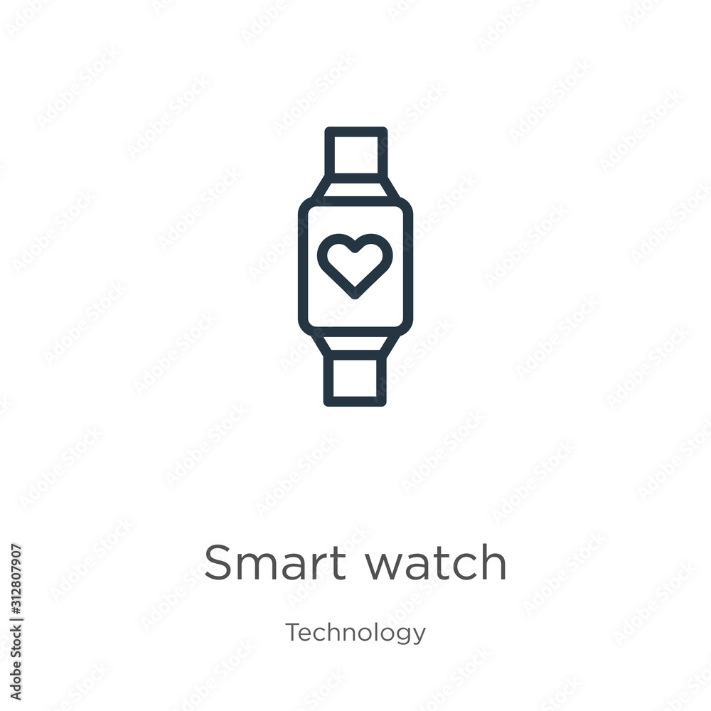 Smart watch icon. Thin linear smart watch outline icon isolated on white background from technology collection. Line vector sign, symbol for web and mobile