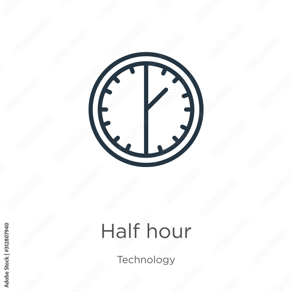 Half hour icon. Thin linear half hour outline icon isolated on white background from technology collection. Line vector sign, symbol for web and mobile Half hour icon. Thin linear half hour outline icon isolated on white background from technology collection. Line vector sign, symbol for web and mobile