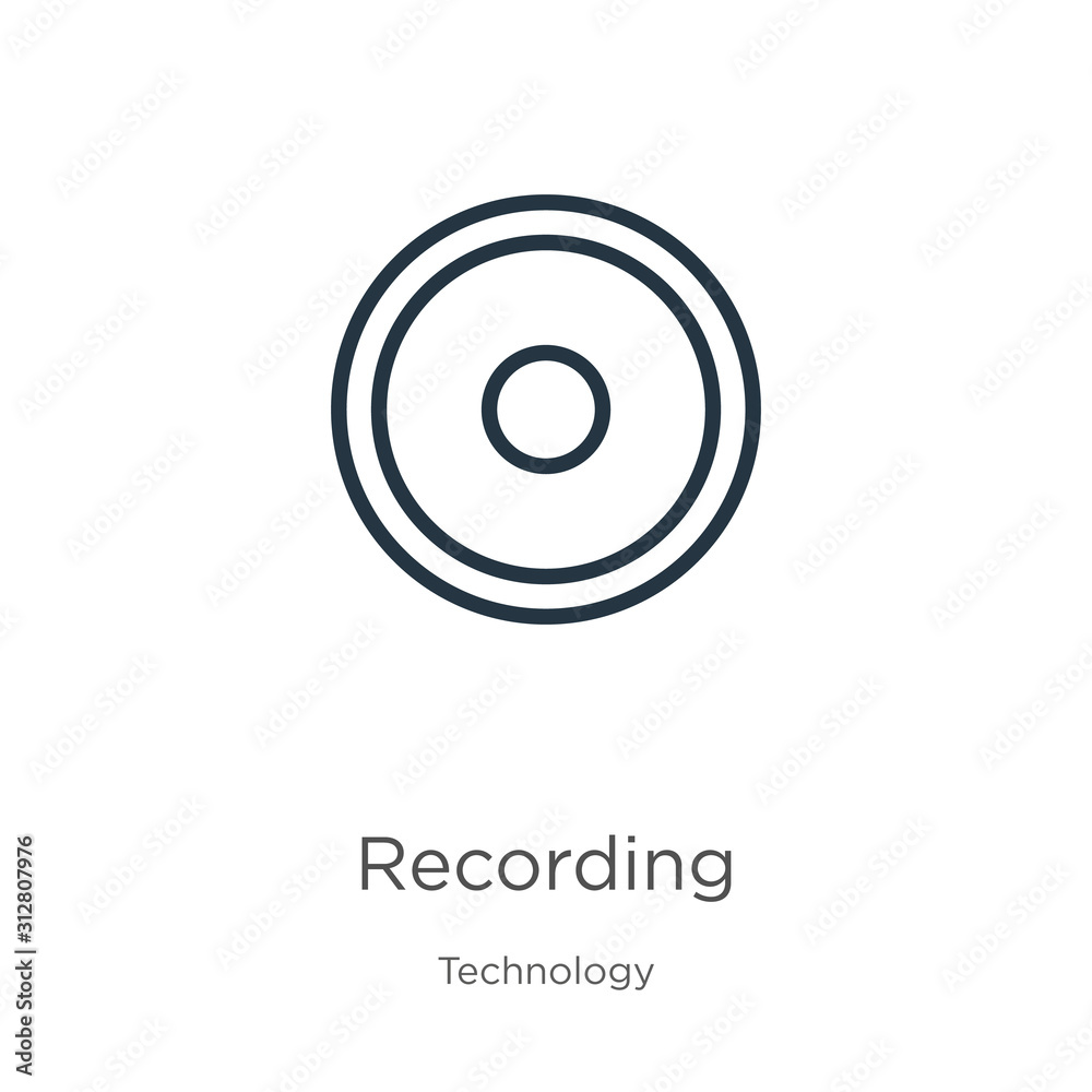 Recording icon. Thin linear recording outline icon isolated on white background from technology collection. Line vector sign, symbol for web and mobile Recording icon. Thin linear recording outline icon isolated on white background from technology collection. Line vector sign, symbol for web and mobile